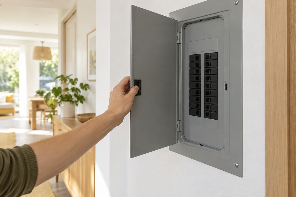 白い壁の分電盤の扉を開けた手元(イメージ)