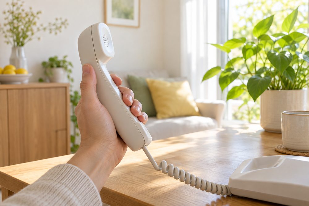 電話の受話器を持つ手元と、窓辺の観葉植物（イメージ）