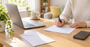 ノートパソコンとスマホ、白い封筒が並ぶ明るい机で手続きを始める手元（イメージ）