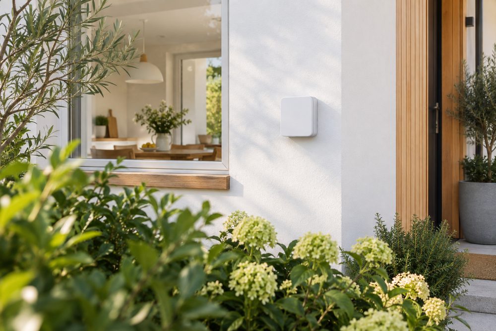 住宅の外壁に付いた白い四角い計器のような機器を、植栽越しに写した外観（イメージ）