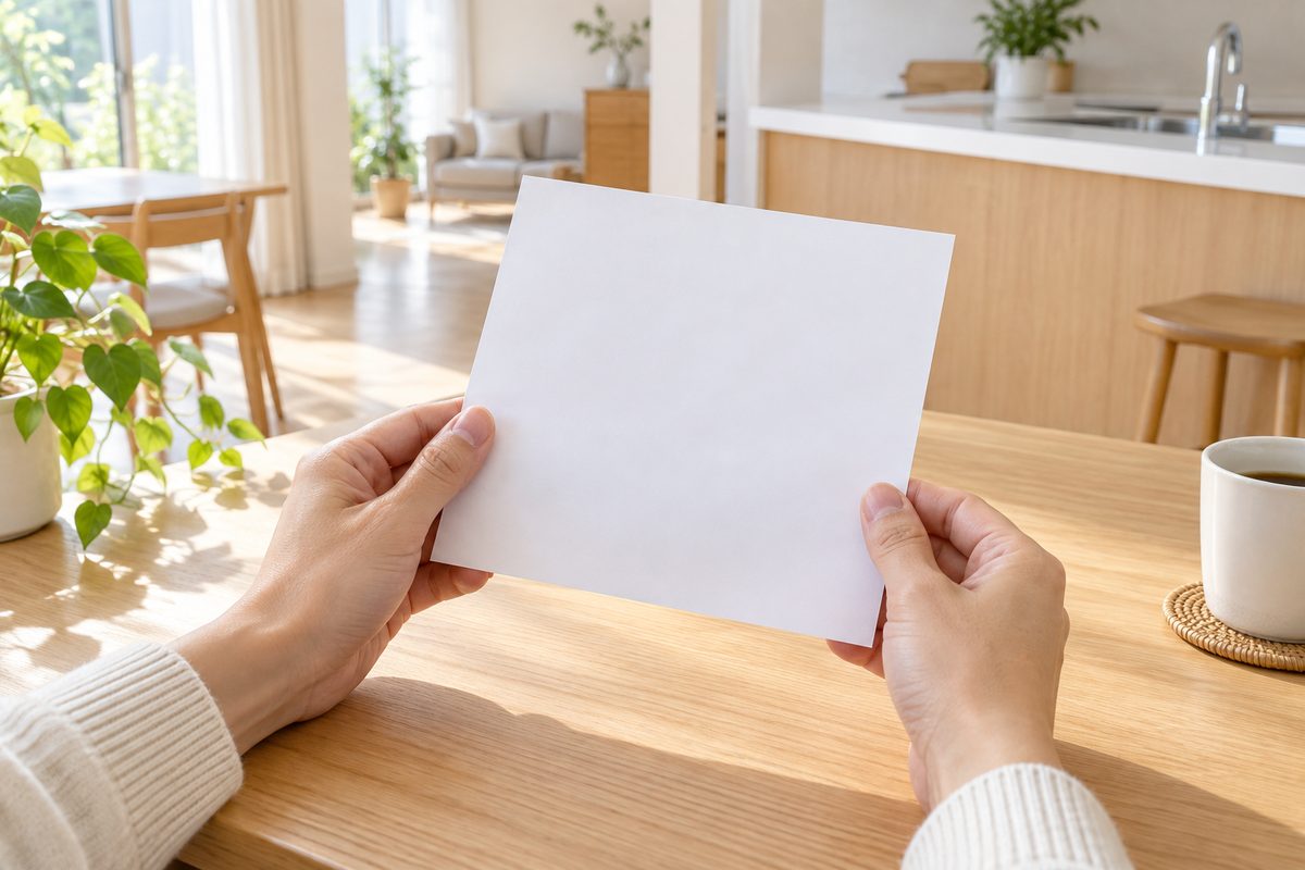 検針票らしき無地の紙を確かめる手元（顔は写さない・文字は読めない）